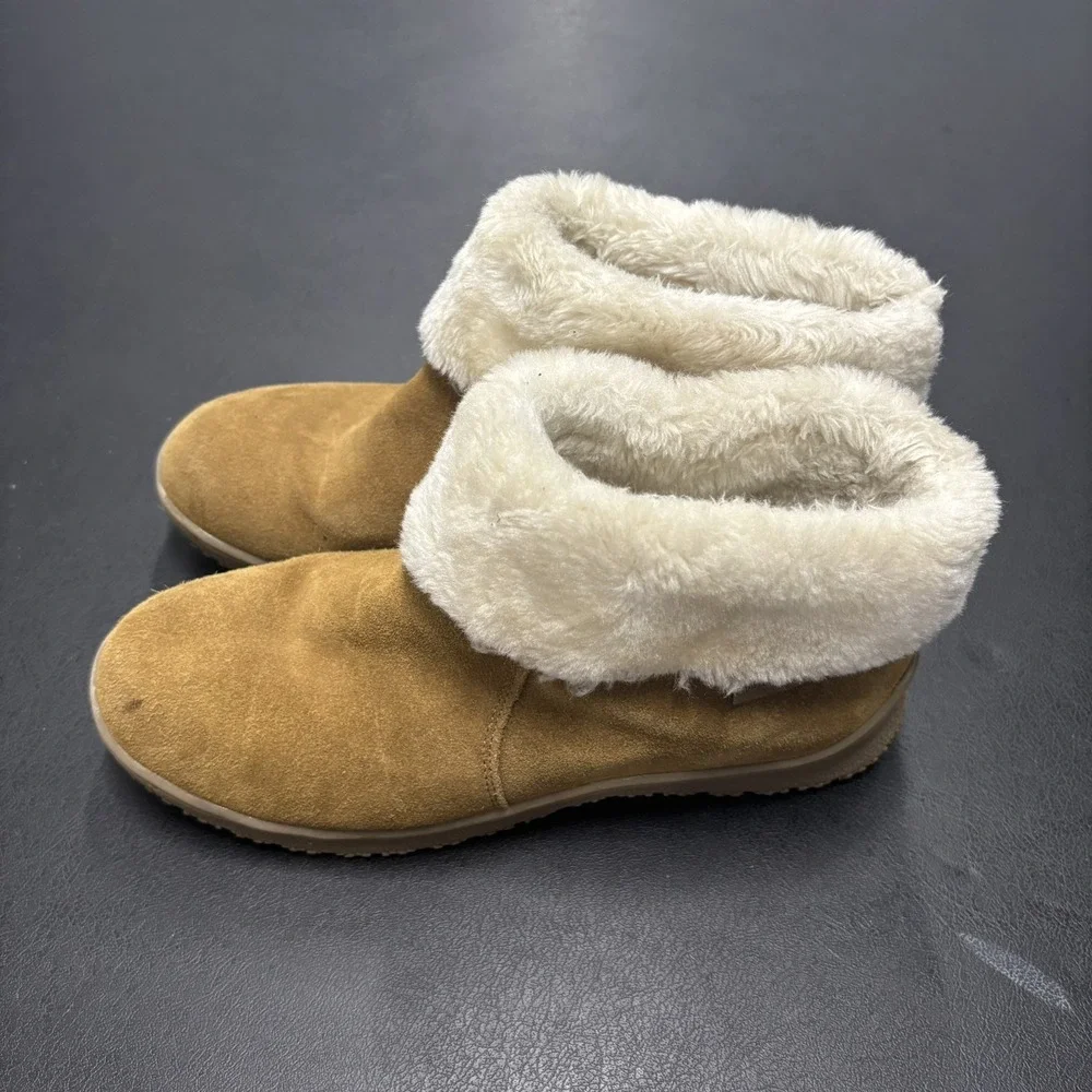 Minnetonka Leather Boots 85201‎ Tan Brown Faux Fur Size 8 Winter Water Resistant